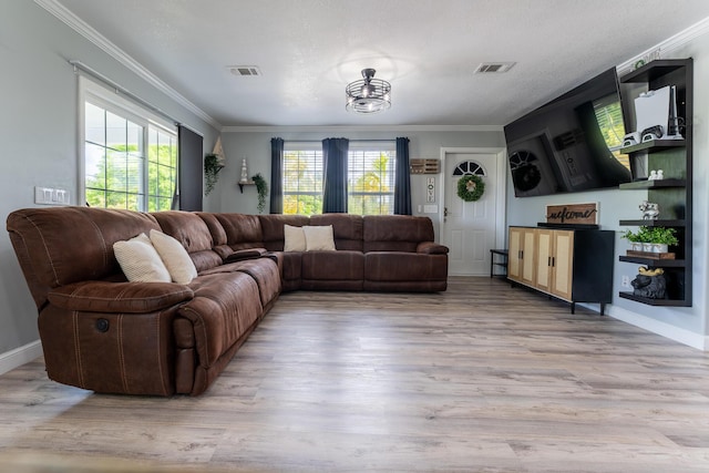 45 1st St, Big Coppitt, FL 33040 - living room featuring visible vents, ornamental molding, and light wood-type flooring