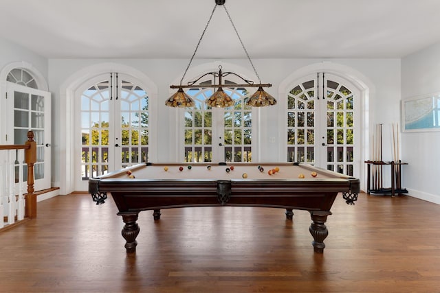 recreation room with pool table, french doors, and wood finished floors