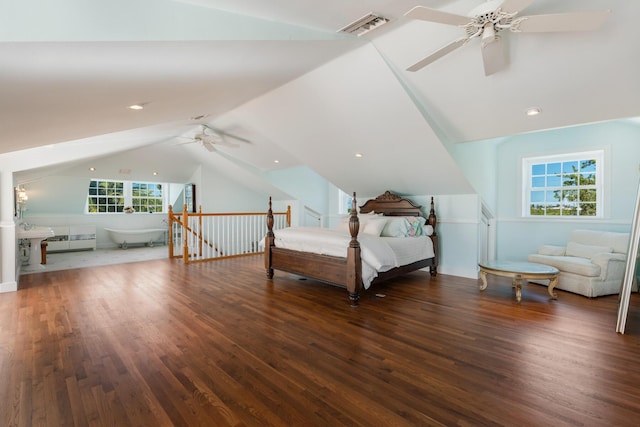 unfurnished bedroom with lofted ceiling, visible vents, recessed lighting, and wood finished floors