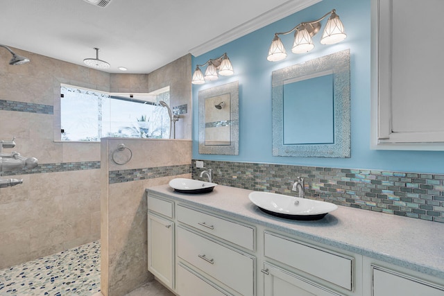 1514 Shaw Dr, Key Largo, FL 33037 - bathroom with a walk in shower, double vanity, and tasteful backsplash