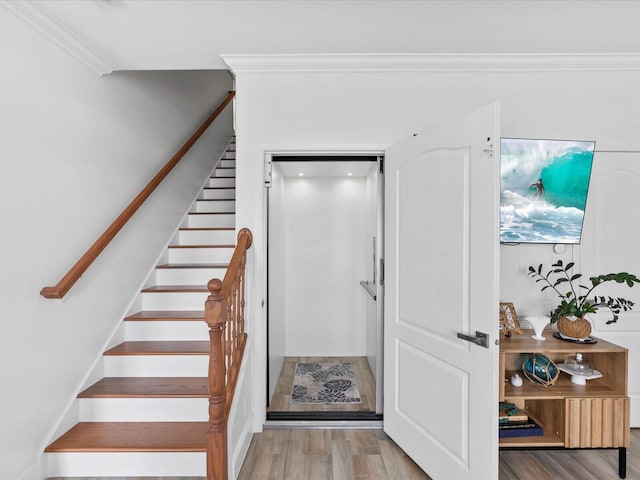 stairway featuring wood finished floors and ornamental molding