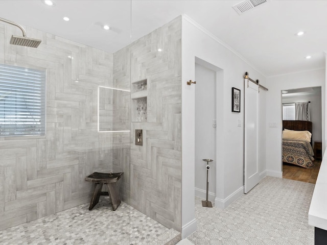 bathroom with ensuite bathroom, walk in shower, recessed lighting, baseboards, and ornamental molding