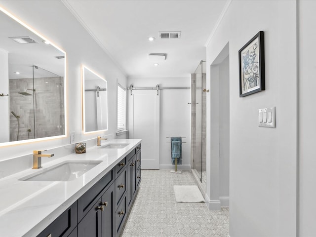 full bath with a shower stall, double vanity, baseboards, recessed lighting, and ornamental molding