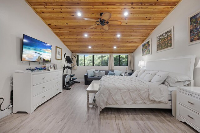 bedroom with wood ceiling, vaulted ceiling, and light wood-type flooring