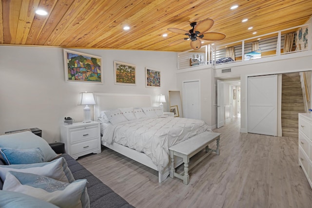 bedroom with wood ceiling, high vaulted ceiling, and hardwood / wood-style flooring