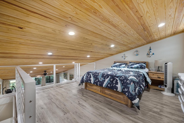 bedroom featuring lofted ceiling, wooden ceiling, and light hardwood / wood-style floors