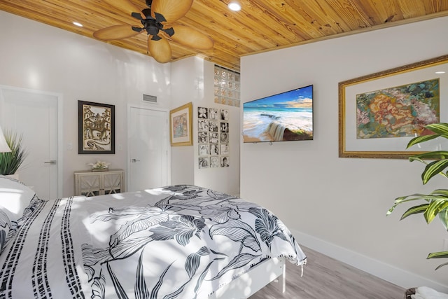 bedroom featuring light hardwood / wood-style flooring and wooden ceiling