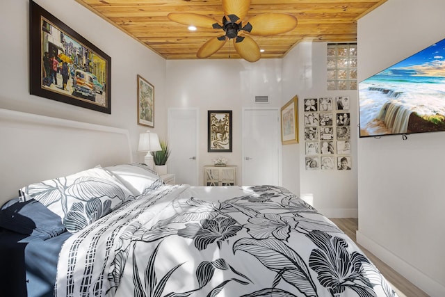 bedroom with hardwood / wood-style flooring and wood ceiling