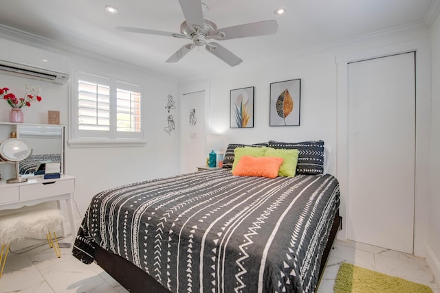 24 Cactus Dr, Big Coppitt, FL 33040 - bedroom featuring a wall unit AC, recessed lighting, marble finish floor, and ornamental molding