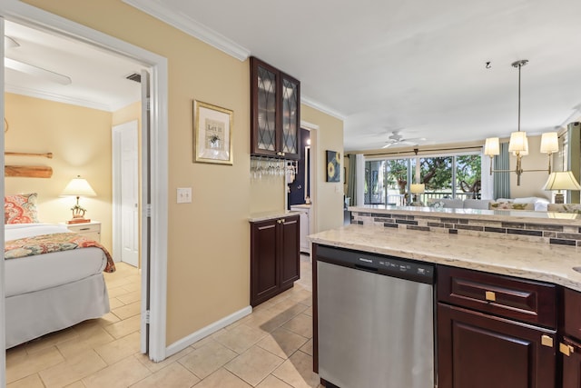 11 Kestral Way, Key West, FL 33040 - kitchen with tasteful backsplash, dishwasher, hanging light fixtures, ornamental molding, and light tile patterned floors