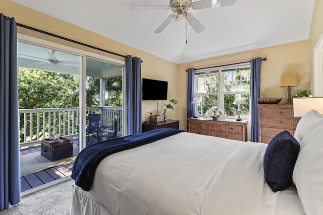 11 Kestral Way, Key West, FL 33040 - carpeted bedroom with access to exterior, vaulted ceiling, and ceiling fan