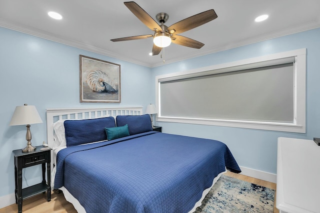 bedroom featuring ornamental molding, wood finished floors, and recessed lighting
