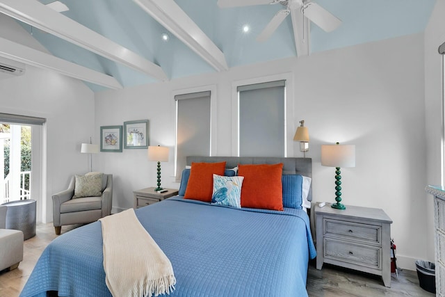 bedroom with wood finished floors, beam ceiling, an AC wall unit, and high vaulted ceiling