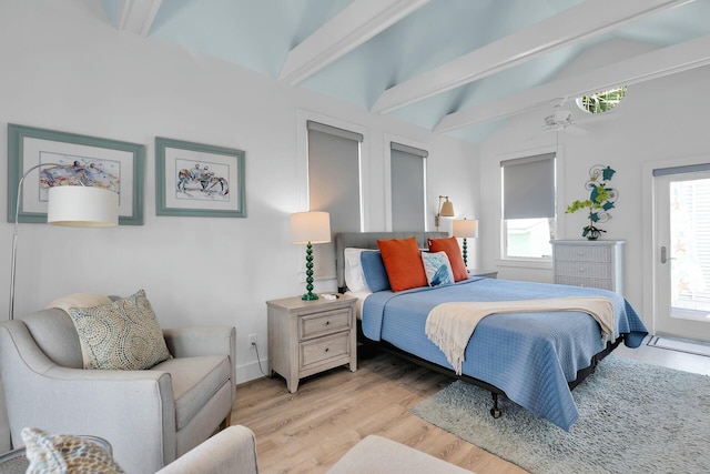 bedroom featuring wood finished floors, access to outside, baseboards, and lofted ceiling with beams