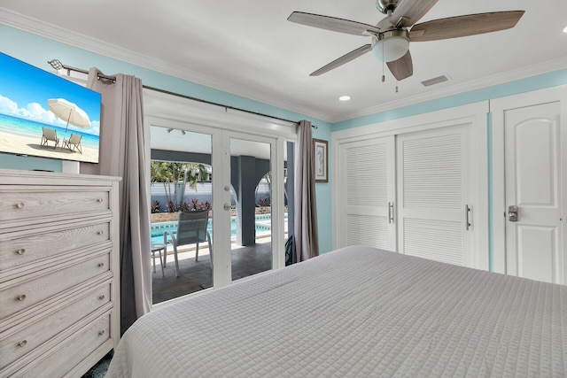 bedroom with visible vents, a closet, crown molding, access to outside, and ceiling fan