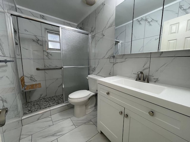 1608 Venetian Dr, Key West, FL 33040 - full bathroom featuring marble look tiles, a marble finish shower, vanity, tile walls, and backsplash