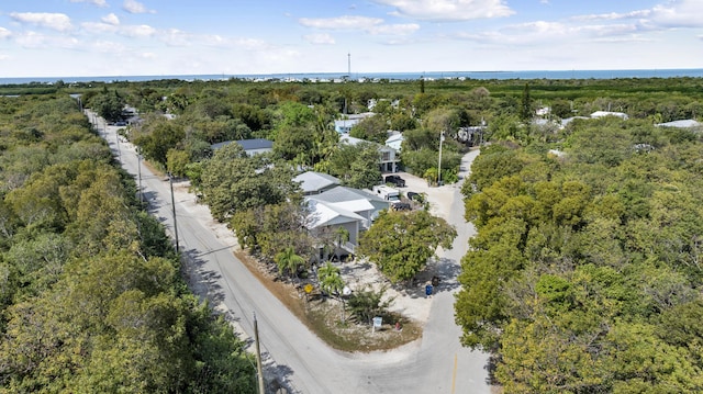 drone / aerial view featuring a wooded view