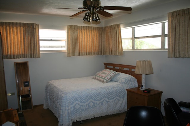 bedroom featuring multiple windows and ceiling fan