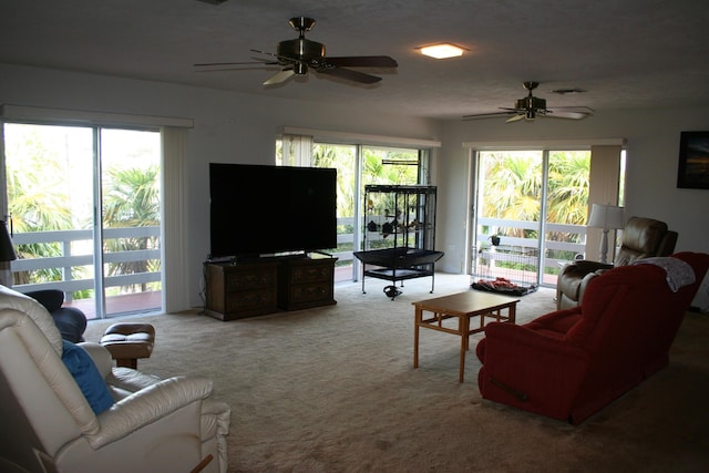 carpeted living room with ceiling fan and a healthy amount of sunlight