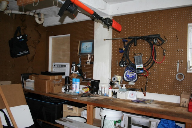 interior space with wooden counters and a workshop area