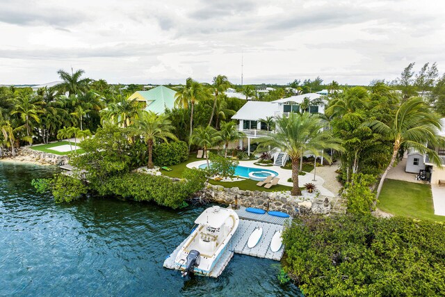 drone / aerial view with a water view