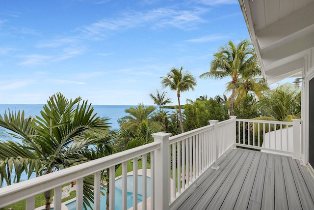 deck featuring a water view