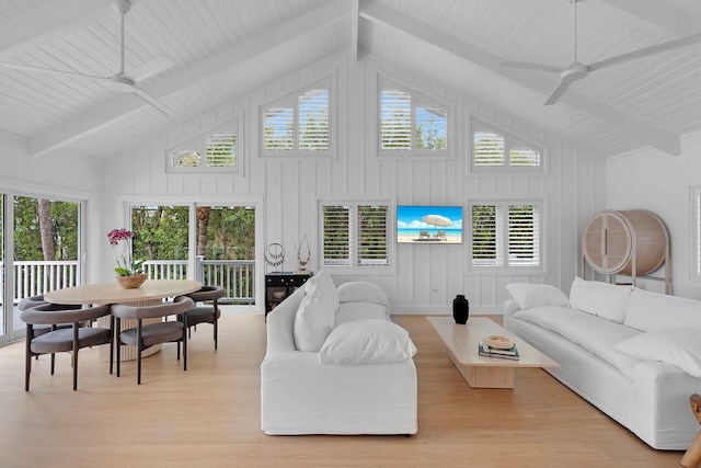 living room featuring light wood-style floors, beam ceiling, ceiling fan, and high vaulted ceiling