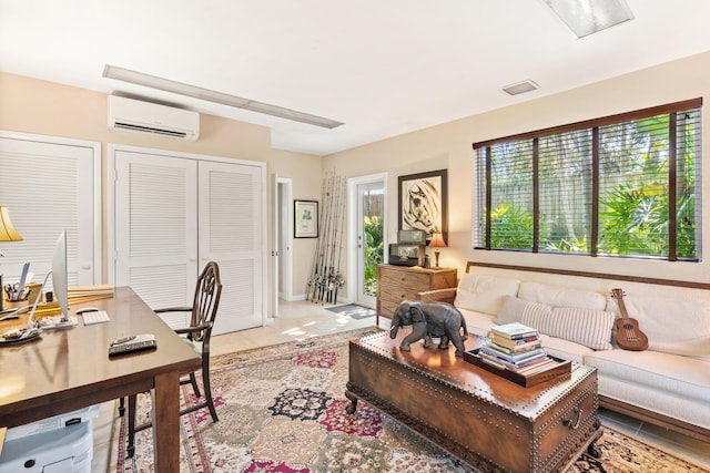 tiled home office featuring a wealth of natural light and a wall mounted AC