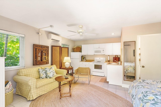 living room featuring a wall mounted air conditioner, ceiling fan, and light tile patterned floors