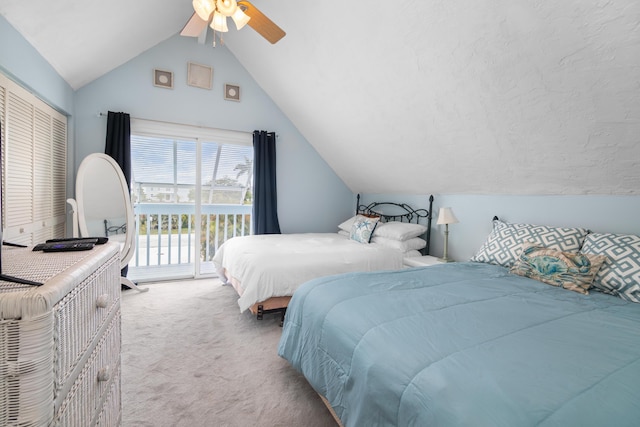 bedroom with lofted ceiling, light carpet, access to exterior, and ceiling fan