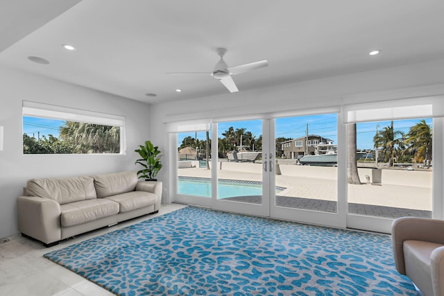 living room with ceiling fan