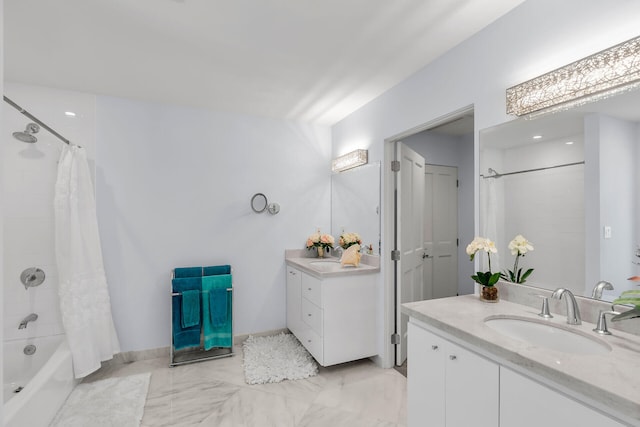 bathroom featuring shower / bath combination with curtain and vanity