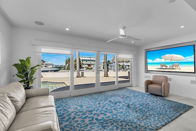 living room featuring ceiling fan