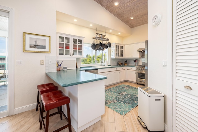 kitchen with a sink, a peninsula, lofted ceiling, recessed lighting, and appliances with stainless steel finishes
