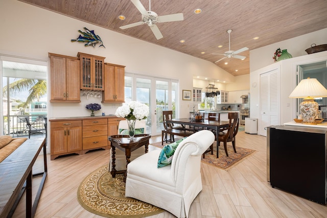 living area with wood ceiling, plenty of natural light, ceiling fan, and recessed lighting