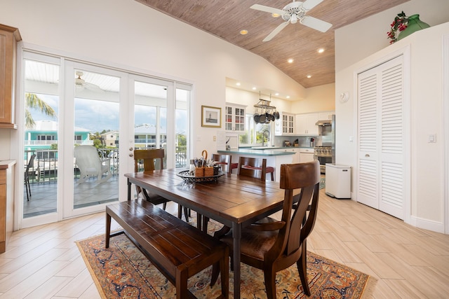dining area with light wood finished floors, wooden ceiling, a ceiling fan, and recessed lighting