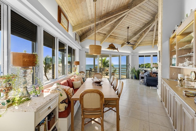 sunroom with wood ceiling, a sink, healthy amount of natural light, and tile patterned flooring