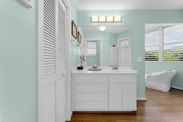 bathroom featuring a closet, wood finished floors, vanity, and baseboards