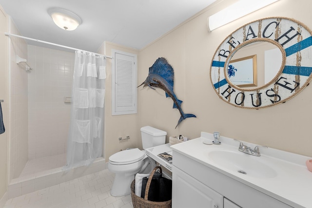 bathroom with tile patterned flooring, toilet, a shower stall, and vanity