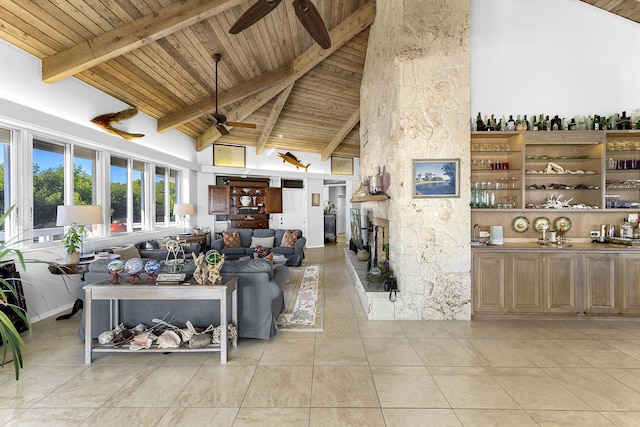 living area with a ceiling fan, wooden ceiling, high vaulted ceiling, beamed ceiling, and a fireplace