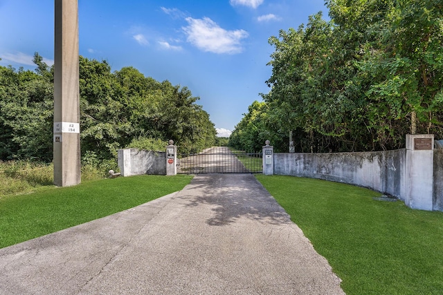 view of asphalt driveway with a gate and a gated entry