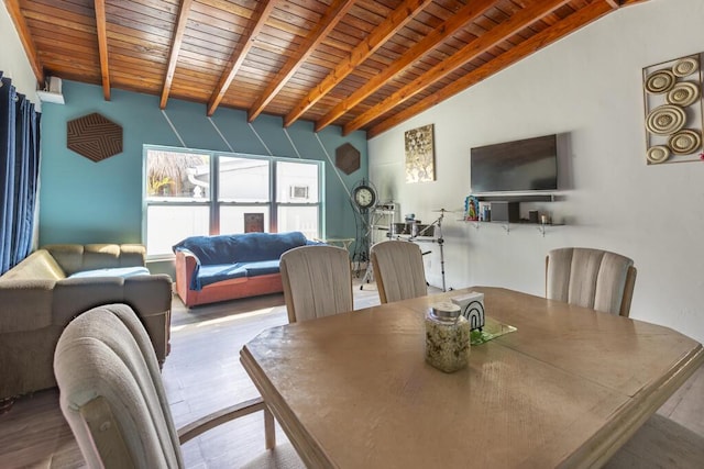 dining room with wood ceiling, lofted ceiling with beams, and light wood-type flooring