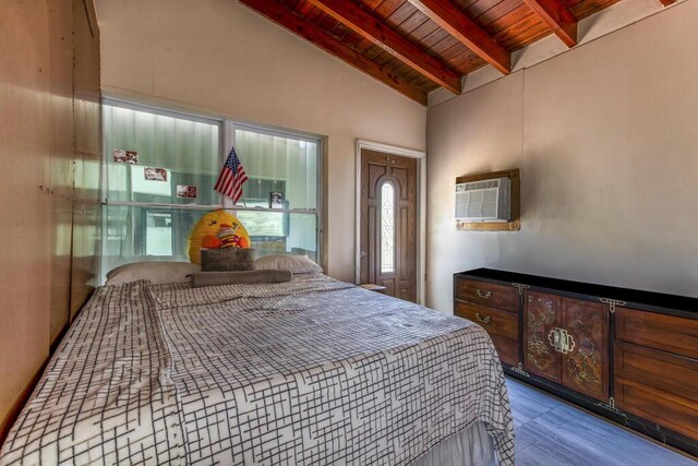 bedroom with wood ceiling, an AC wall unit, and vaulted ceiling with beams