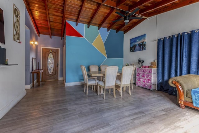 dining room featuring hardwood / wood-style floors, lofted ceiling with beams, wooden ceiling, and ceiling fan