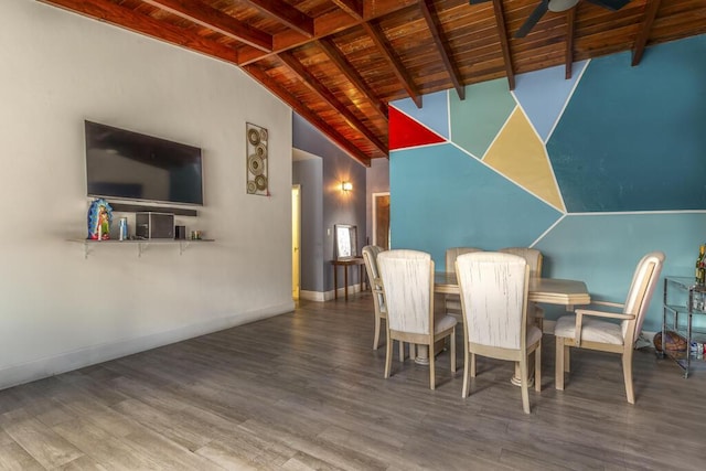 dining space with wood-type flooring, wooden ceiling, and lofted ceiling with beams