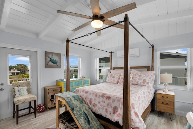 bedroom featuring an AC wall unit, vaulted ceiling with beams, ceiling fan, light hardwood / wood-style floors, and wooden ceiling