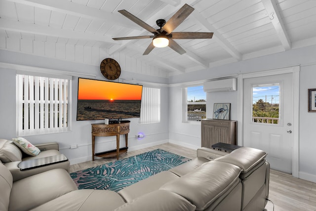 living room featuring vaulted ceiling with beams, wood ceiling, light wood-type flooring, an AC wall unit, and ceiling fan