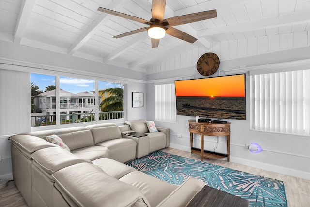 living room featuring ceiling fan, wood-type flooring, wooden ceiling, and vaulted ceiling with beams