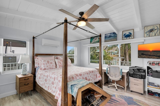 bedroom featuring wood ceiling, lofted ceiling with beams, a wall unit AC, and light wood-type flooring