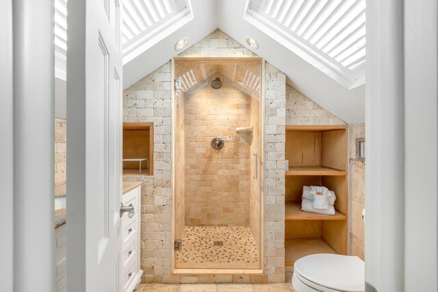 bathroom with vanity, an enclosed shower, vaulted ceiling, and toilet